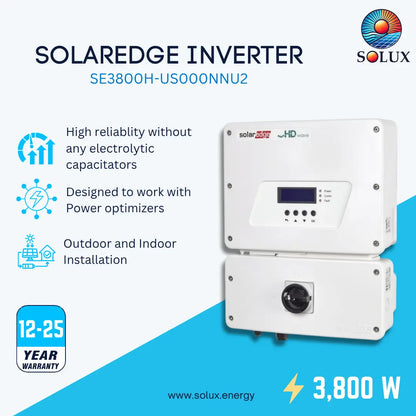 SOLAREdge Inverter SE3800H-US000NUU2 by Solux, shown as a white stacked two-unit electrical device on a blue and white promotional background with feature icons and a 12-25 year warranty badge.