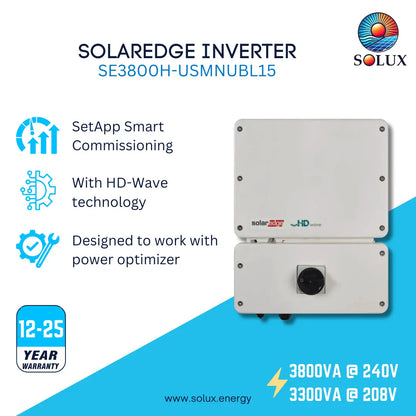 SOLAREdge Inverter SE3800H-USMNUBL15 by Solux, shown as a white rectangular electrical unit with two stacked panels and a black circular port on the lower section. The image includes marketing text, icons, a 12-25 year warranty badge, and the Solux logo on a white and blue graphic background.