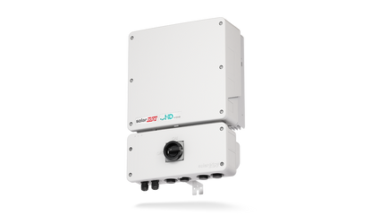 A white SolarEdge power inverter designed for residential use, featuring a modern, streamlined design.