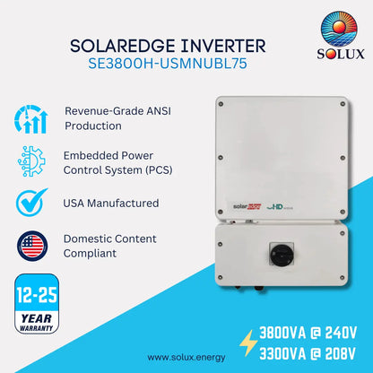 SOLUX Solaredge Inverter SE3800H-USMNUBL75 product graphic on a white and blue background, showing the inverter unit and feature callouts including ANSI production, embedded power control system, USA manufactured, and domestic content compliant.