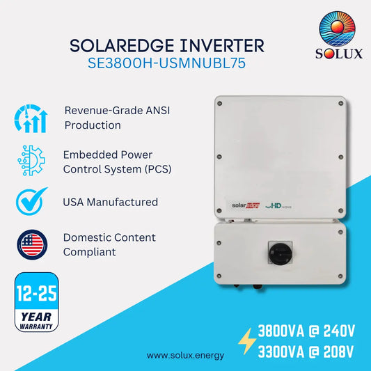 SOLUX Solaredge Inverter SE3800H-USMNUBL75 product graphic on a white and blue background, showing the inverter unit and feature callouts including ANSI production, embedded power control system, USA manufactured, and domestic content compliant.