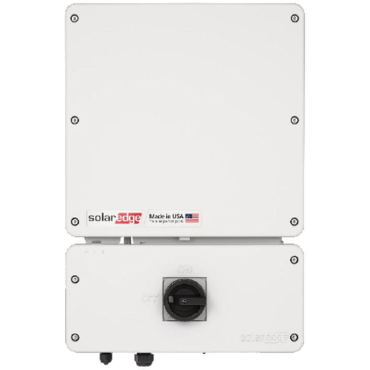 A white SolarEdge Energy Hub Inverter with Prism Technology, displaying the brand logo and American flag to indicate made in USA.
