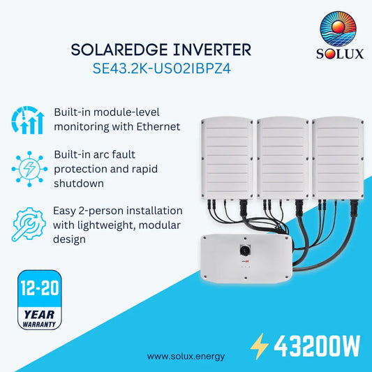 A promotional graphic of SOLUX Solaredge Inverter SE43.2K-US02IBPZ4 product graphic showing three white rectangular inverter modules and one white control box with attached black cables, on a white and blue background with feature callouts and a 12-20 year warranty badge.