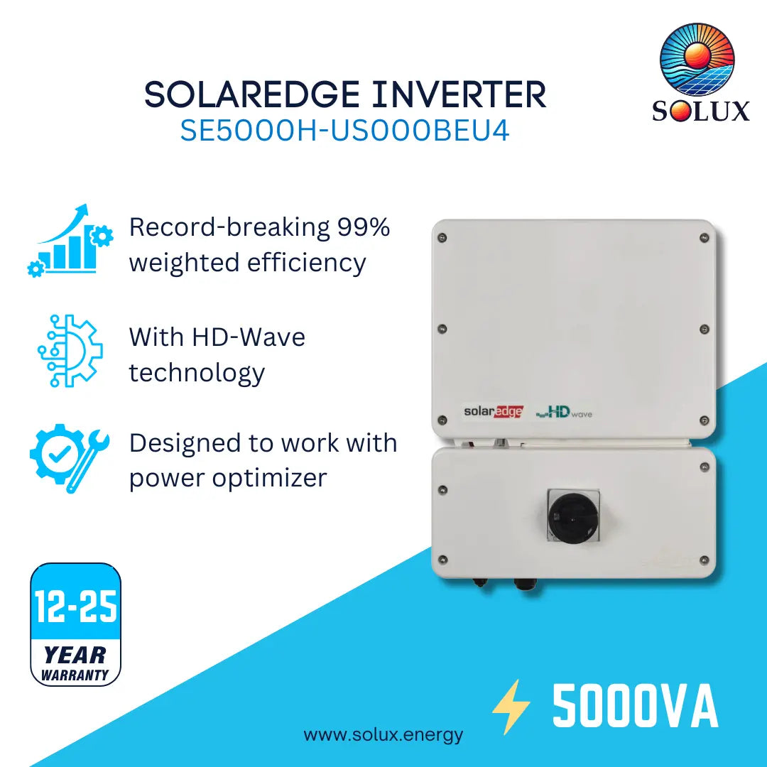 SOLAREdge Inverter SE5000H-US000BEU4 by Solux, shown as a dual-panel silver metal unit with a black circular port on the lower panel. The image includes marketing text highlighting 99% efficiency, HD-Wave technology, and 5000VA power, with the Solux logo and a 12-25 year warranty badge.