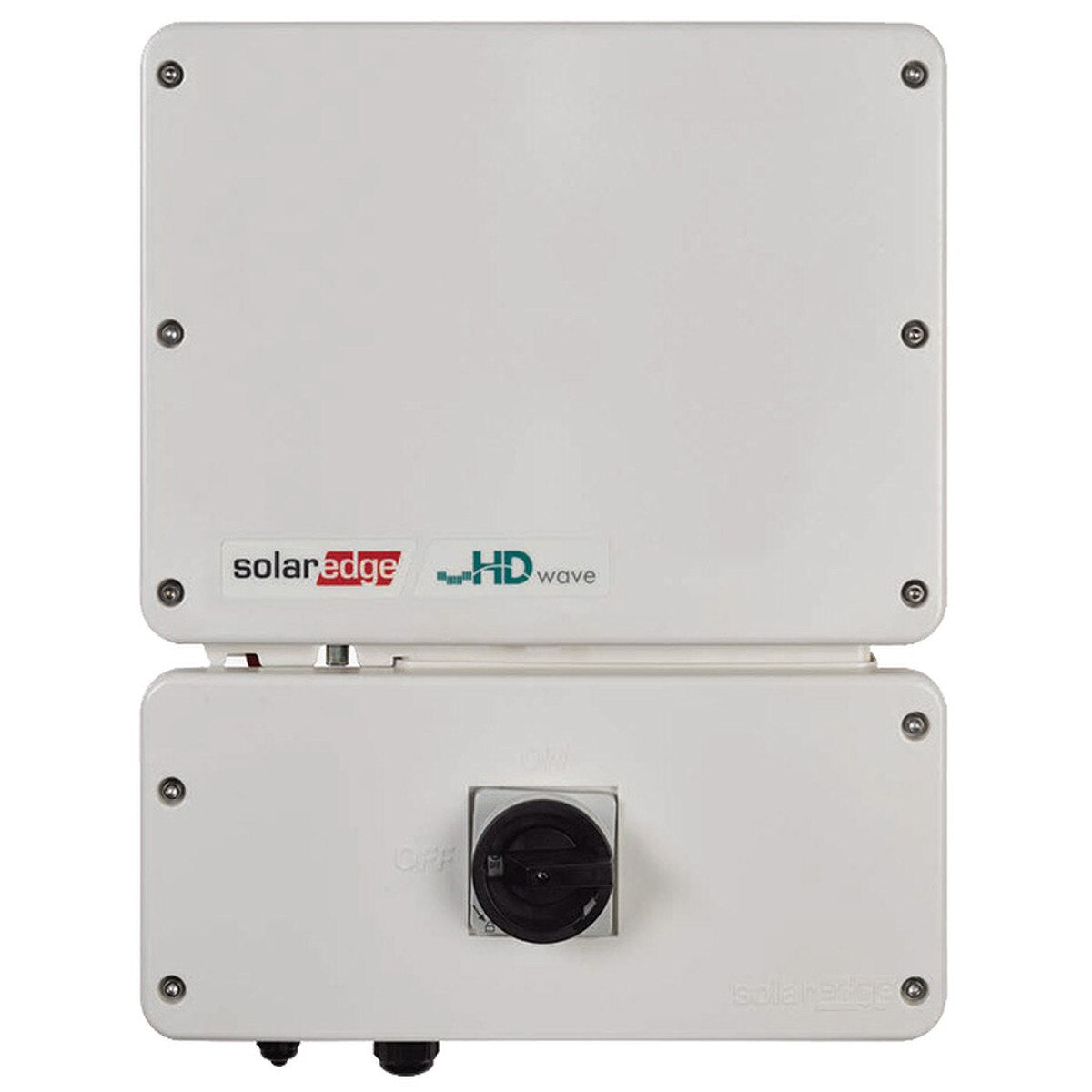 A white SolarEdge power inverter with HD-Wave technology, displaying the brand logo and model details.