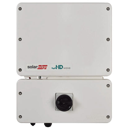 A white SolarEdge power inverter with HD-Wave technology, displaying the brand logo and model details.
