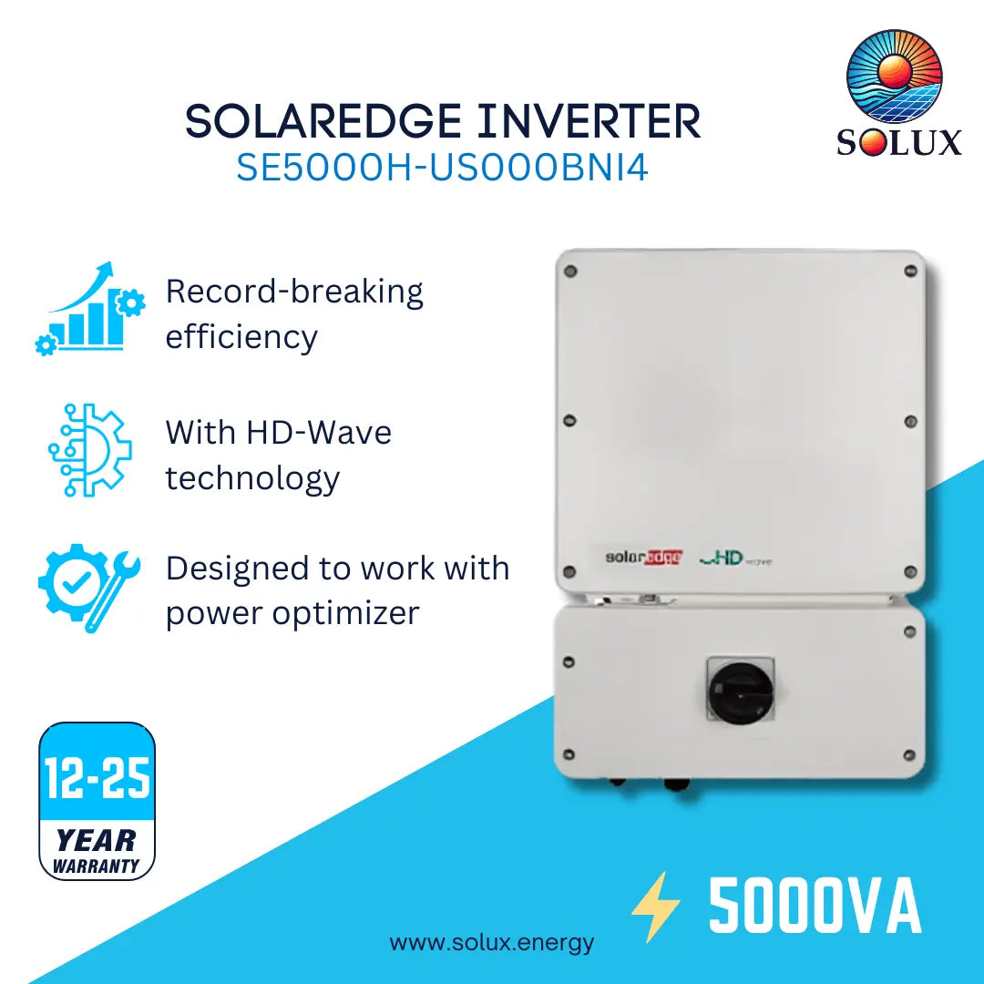 Solux Solaredge Inverter SE5000H-US000BN14 product graphic on a white and blue background, showing the inverter unit, feature icons, a 12-25 year warranty badge, and 5000VA text.