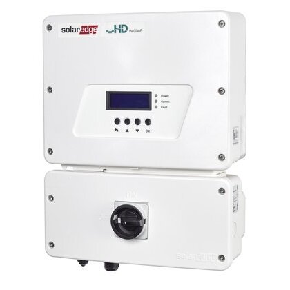 SolarEdge HD Wave 6 inverter system shown in white with a digital display screen and black circular port on the front, isolated on a white background.