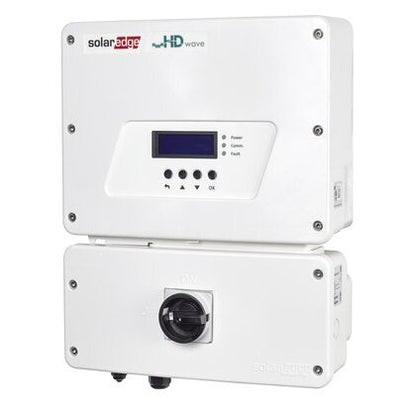 SolarEdge HD Wave 6 inverter system shown in white with a digital display screen and black circular port on the front, isolated on a white background.