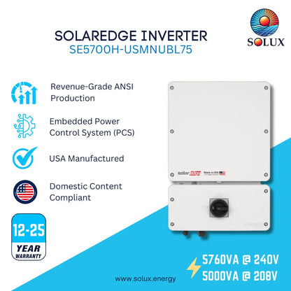 SOLAREdge Inverter SE5700H-USMNUBL75 by Solux, featuring a white top-mount inverter and a black bottom-mount control box with technical specifications and product features listed on a white and blue background.