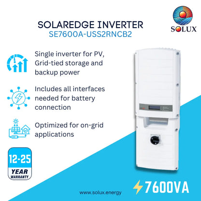 SOLUX Solaredge Inverter SE7600A-USS2RNCB2, a white single-phase inverter unit with a digital display and front connection port, shown on a blue and white promotional background with product features and a 12-25 year warranty badge.