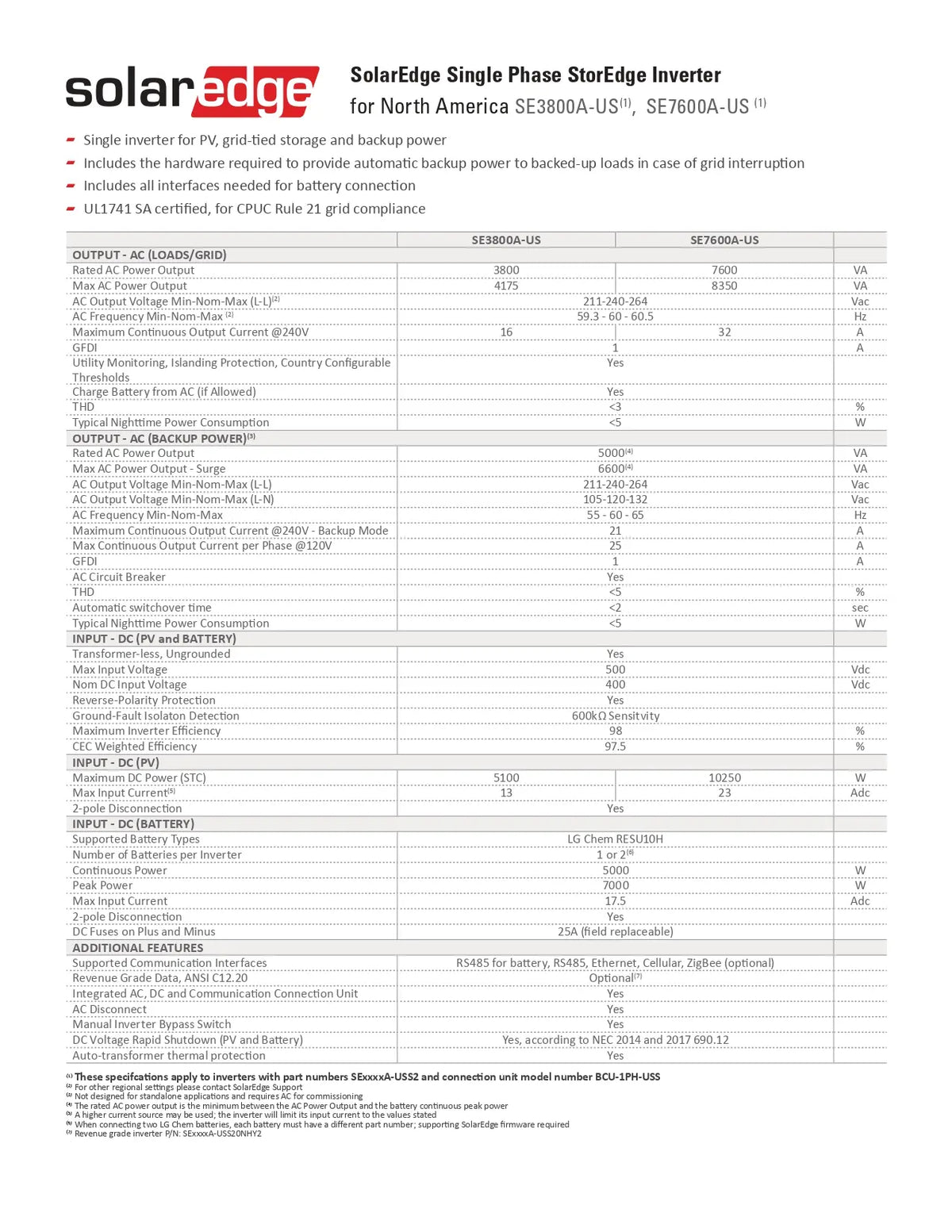 A technical specification and feature table for the SolarEdge Single Phase StorEdge Inverter, showing model numbers SE3800A-US and SE7600A-US, with bullet points and tables of ratings and features on a white page.