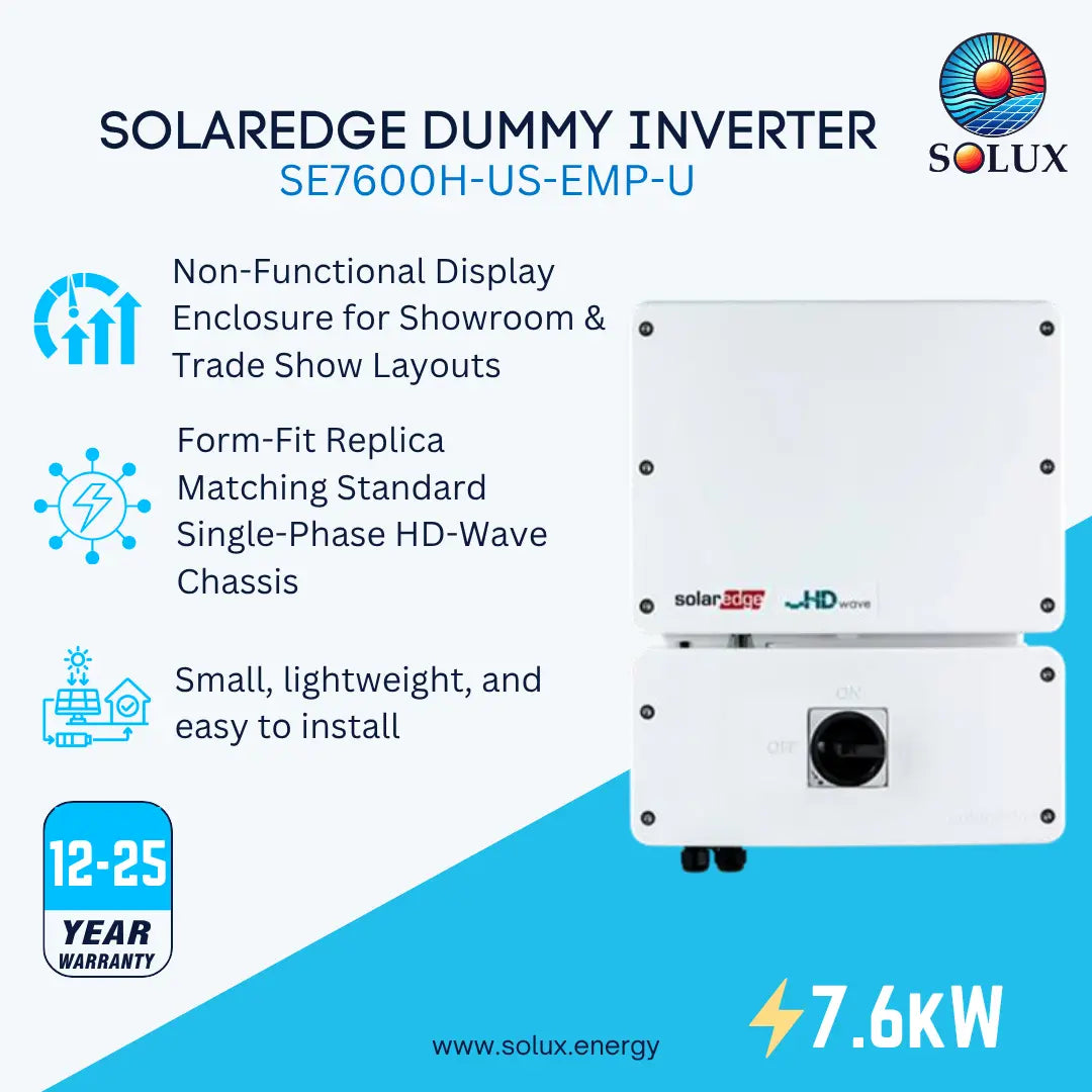 Promotional graphic for the Solux Solaredge Dummy Inverter SE7600H-US-EMP-U, showing a white rectangular inverter unit with a circular black front connector on a blue and white background with feature callouts and the Solux logo.