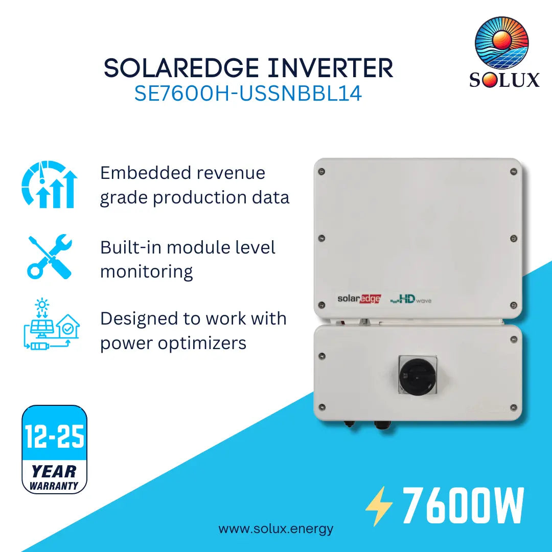 This is a graphic image of solaredge 7.6KW home hub inverter with 5 year monitoring