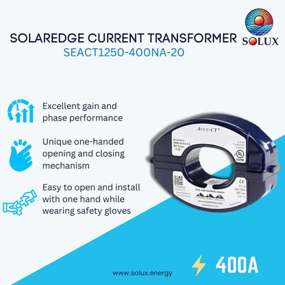 Promotional graphic for the Solux SEACT1250-400NA-20 Solaredge Current Transformer, showing the product on the right and feature callouts on the left against a light blue and white background.