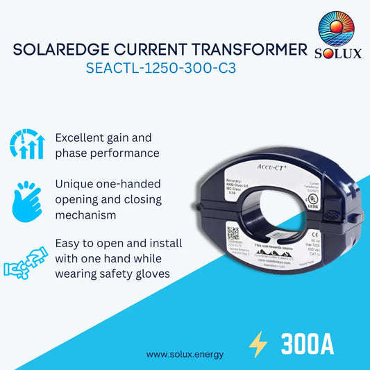Promotional graphic for the Solux Solaredge Current Transformer model SEACTL-1250-300-C3, showing the product on the right and key features on the left against a light blue and white background.