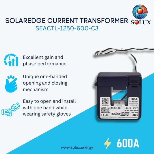 Promotional graphic for the Solux SEACTL-1250-600-C3 SolarEdge Current Transformer, showing the product on the right with attached wires and marketing text on the left on a white and blue background.