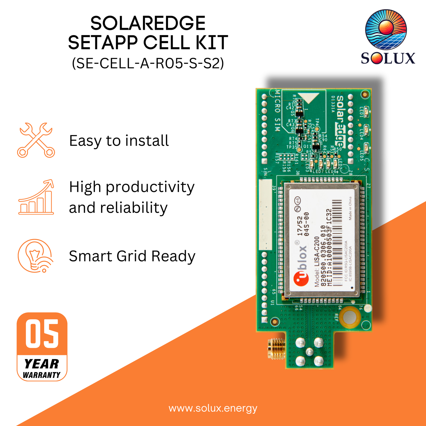 The solaredge setapp se-cell-a-r05-s-s2 cell kit provides cellular connectivity for your SolarEdge SetApp inverter.