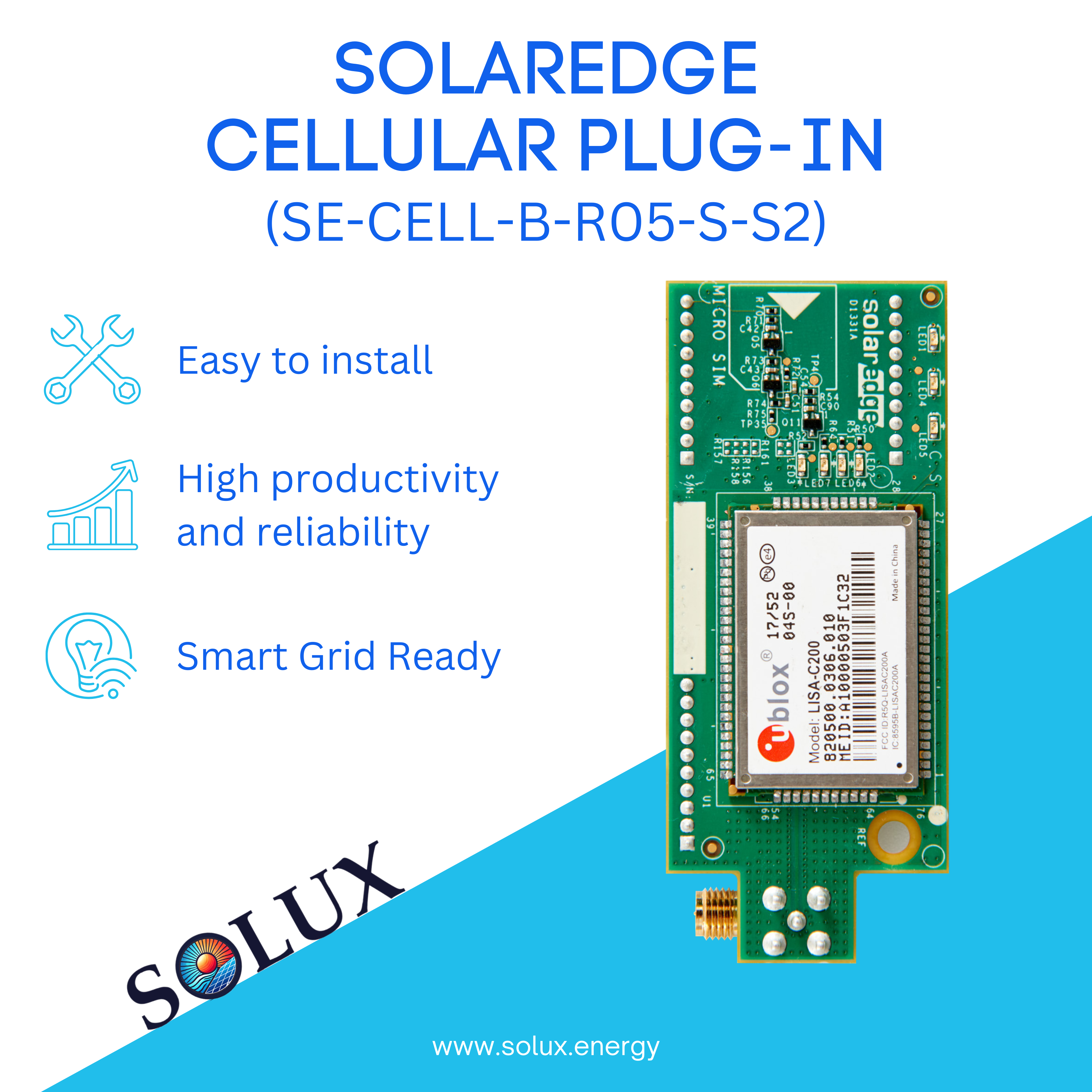 The solaredge setapp se-cell-b-r05-s-s2 cell kit enables cellular connectivity for your SolarEdge SetApp inverter.