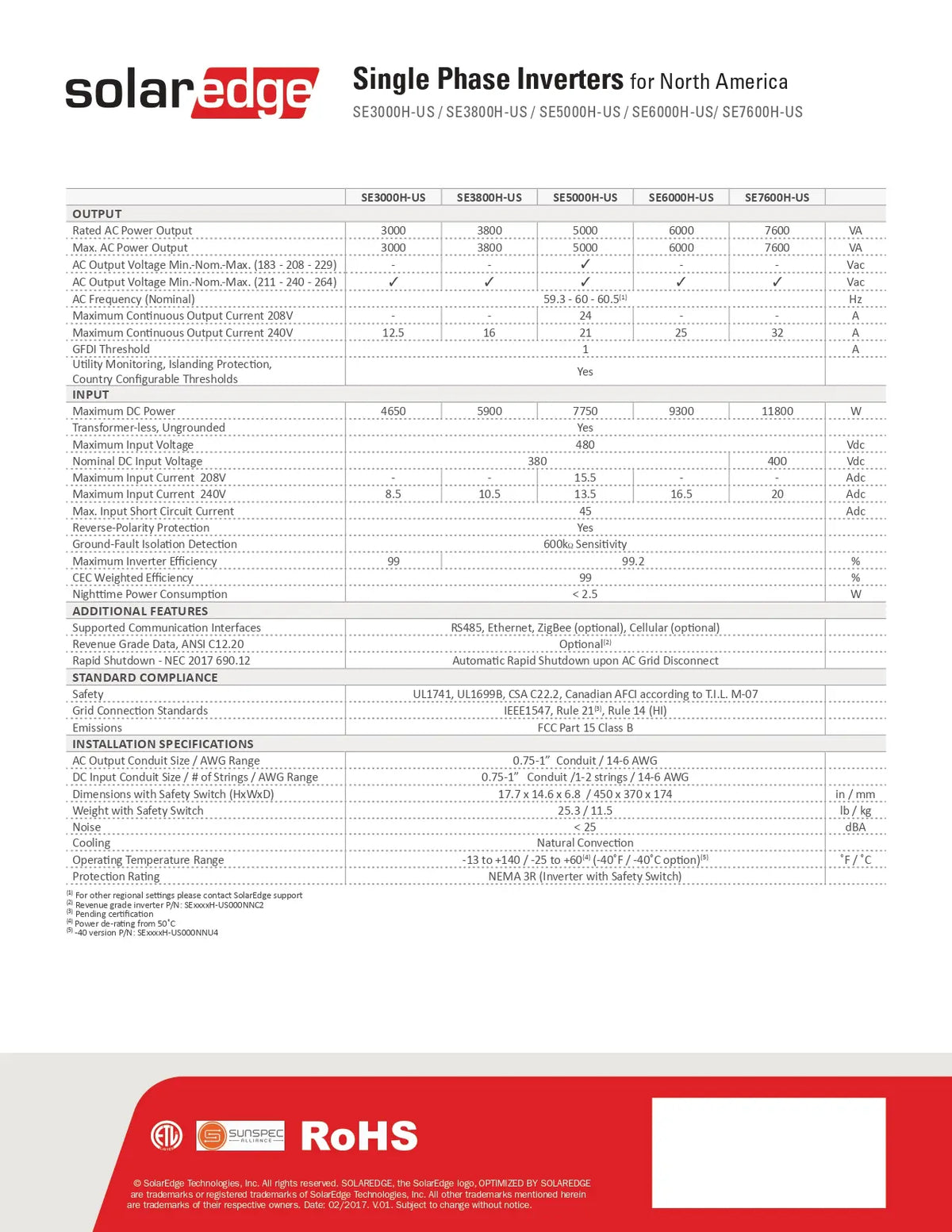 A technical specification sheet for SolarEdge single-phase inverters, showing a detailed comparison table for models SE 5000A-US, SE 6000A-US, SE 8000A-US, and SE 7000A-US with ratings, standards, and installation specifications, plus a red and white footer with RoHS certification.