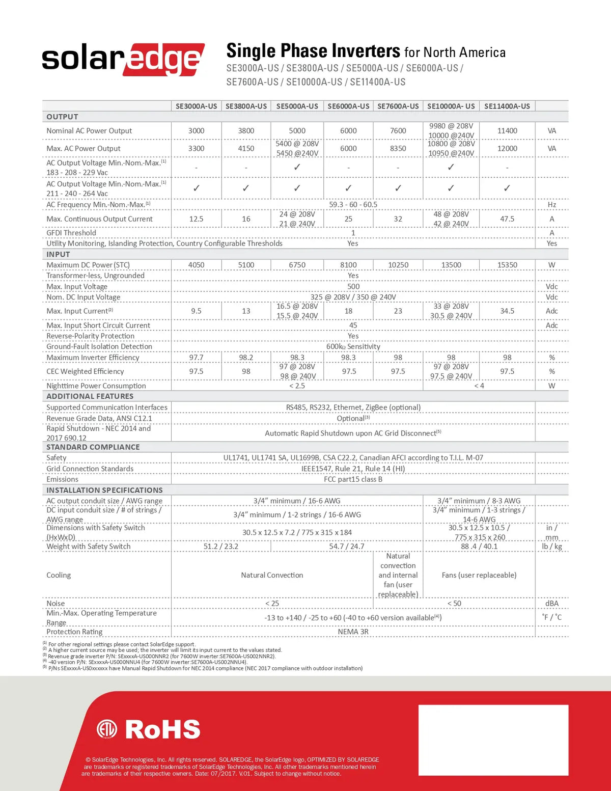 A technical specification and installation chart for SolarEdge single phase inverters, detailing electrical ratings, environmental specifications, and compliance with RoHS.