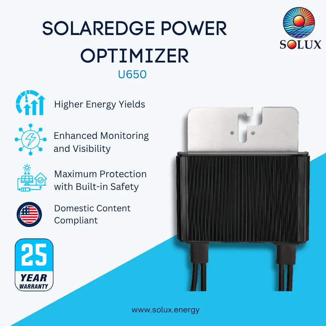 Solaredge Power Optimizer U650 solar panel inverter by Solux, featuring a black ribbed metal housing with a silver metal top plate and two black cables, set against a light blue and white background with product features and a 25-year warranty badge.
