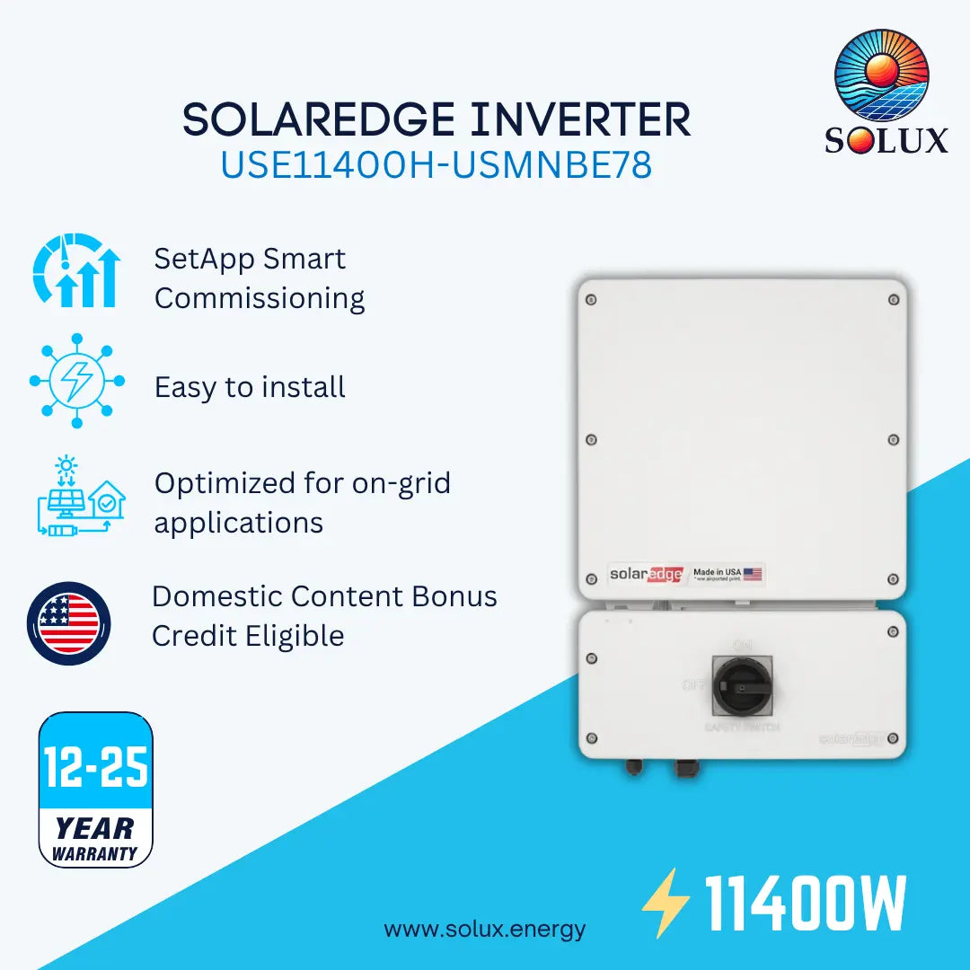SOLAREdge inverter product listing graphic showing the white rectangular inverter unit from front and back, with marketing text including SetApp Smart Commissioning, Easy to install, Optimized for on-grid applications, Domestic Content Bonus Credit Eligible, 12-25 Year Warranty, and 11400W. SOLUX logo is visible.