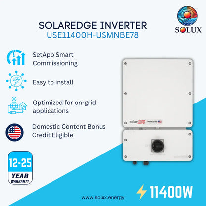SOLAREdge inverter product listing graphic showing the white rectangular inverter unit from front and back, with marketing text including SetApp Smart Commissioning, Easy to install, Optimized for on-grid applications, Domestic Content Bonus Credit Eligible, 12-25 Year Warranty, and 11400W. SOLUX logo is visible.