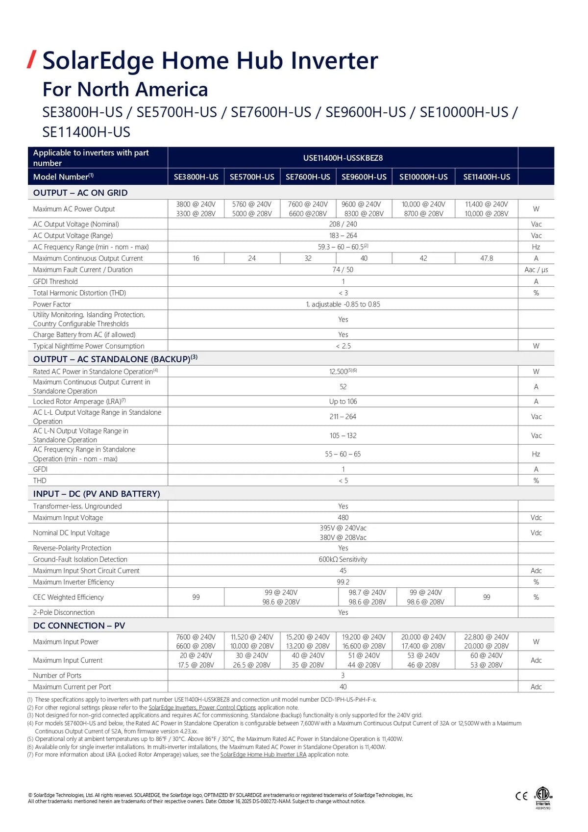 A technical specification and application circuit diagram sheet for the SolarEdge Home Hub Inverter, showing compatibility with North America models SE3800H-US, SE7600H-US, SE9600H-US, and SE10800H-US, along with a dark blue output circuit diagram at the top.