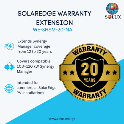 Promotional graphic for a Solaredge warranty extension, showing text about extending Synergy Manager coverage from 12 to 20 years and covering compatible 100-120 kW Synergy Managers, alongside a large gold circular 'Warranty 20 Years' badge. The Solux logo appears in the top right, and the website solux.