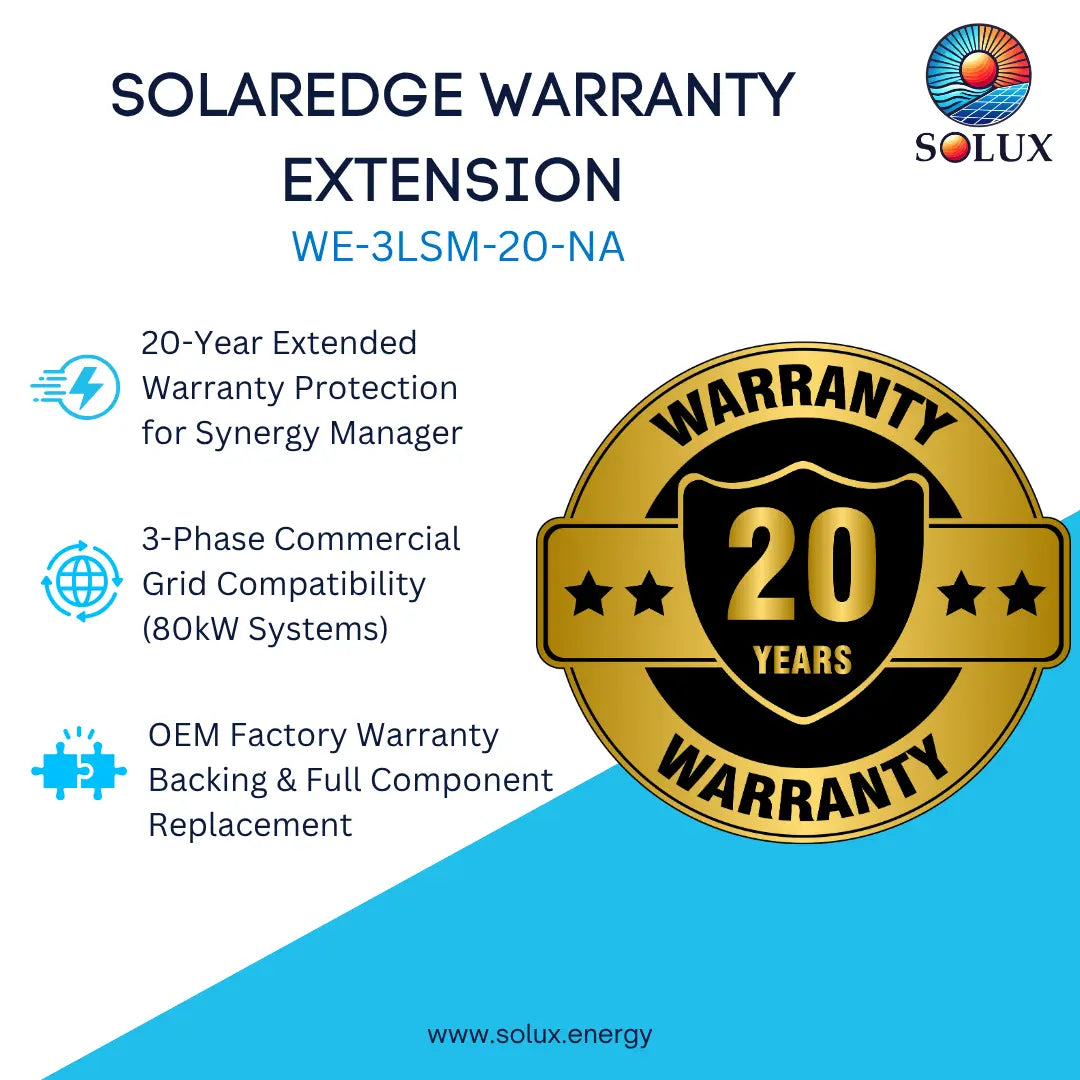 Promotional graphic for a Solux SolarEdge warranty extension, featuring text about 20-year extended warranty protection, 3-phase commercial grid compatibility, and OEM factory warranty backing, alongside a large gold and black 20-year warranty seal.