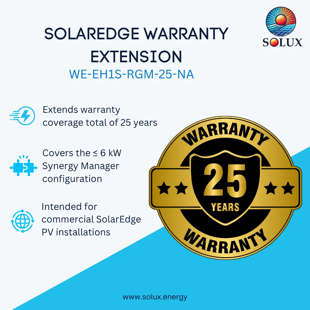 Promotional graphic for a Solaredge warranty extension, showing text about 25-year coverage for SolarEdge PV installations and a large gold-and-black 25-year warranty seal. The Solux logo appears in the top right, with the website solux.