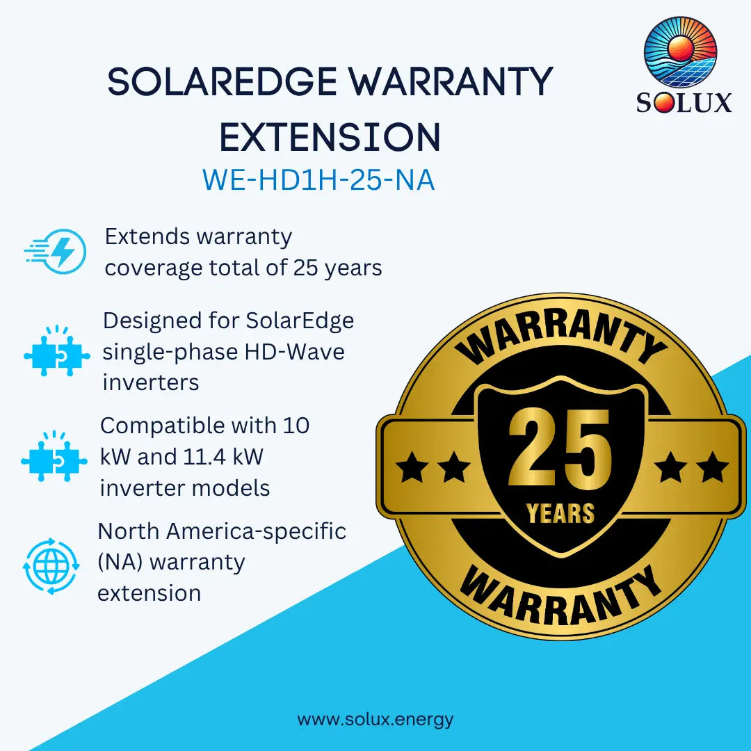 Promotional graphic for a Solux SolarEdge warranty extension, showing text about extending warranty coverage to 25 years, compatibility with 10 kW and 11.4 kW inverter models, and a large gold seal reading 'Warranty 25 Years' on a blue and white background.