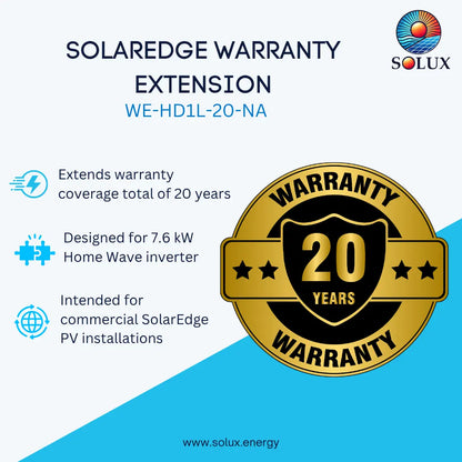 Promotional graphic for a Solaredge warranty extension, showing the Solux logo, product text 'SOLAREdge WARRANTY EXTENSION WE-HD1L-20-NA,' feature bullet points, and a large gold-and-black 20-year warranty seal on a white and blue background.