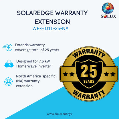 Promotional graphic for a Solaredge warranty extension, showing the Solux logo, product code WE-HD1L-25-NA, feature callouts, and a large gold-and-black 25-year warranty seal on a light background with a blue diagonal section.