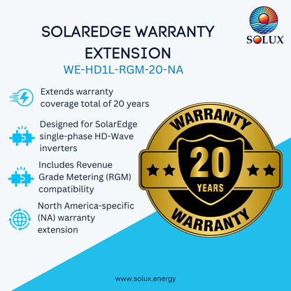 Promotional graphic for a Solux SolarEdge warranty extension, showing text about 20-year coverage, compatibility with single-phase HD-Wave inverters and Revenue Grade Metering, plus a large gold and black 20-year warranty seal.