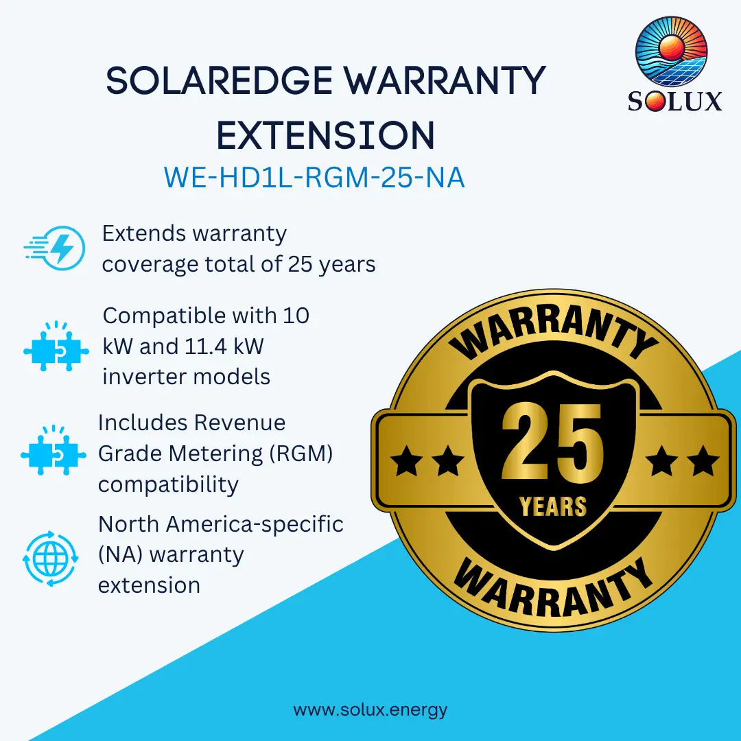 Promotional graphic for a Solux Solaredge warranty extension, showing text details and a large gold seal with '25 Years Warranty' on a blue and white background.