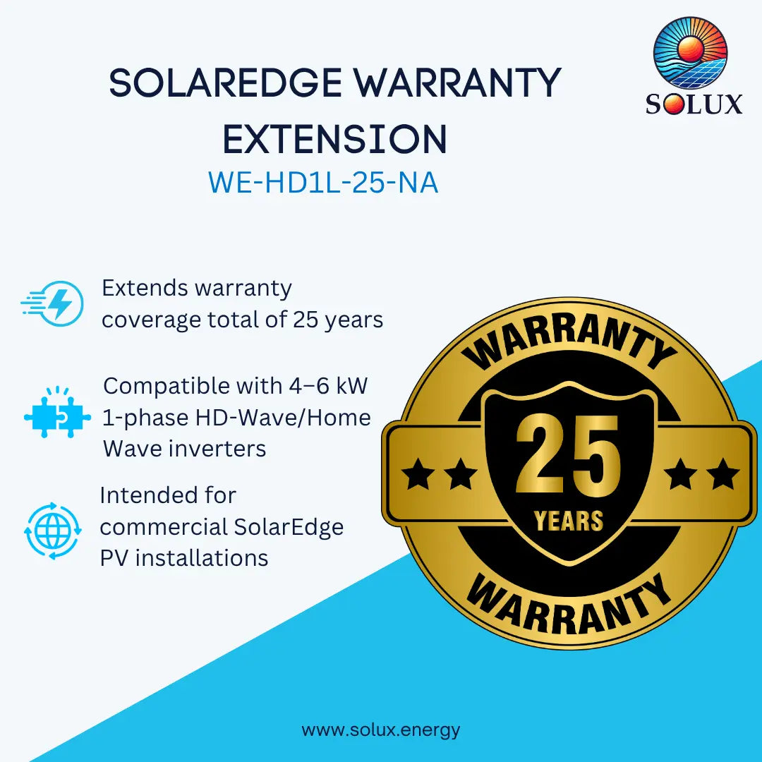 Promotional graphic for a Solaredge warranty extension, showing text about 25-year coverage, compatibility with 4-6 kW 1-phase HD-Wave/Home Wave inverters, and a large gold-and-black 'Warranty 25 Years' seal. The Solux logo appears in the top right, and the website solux.