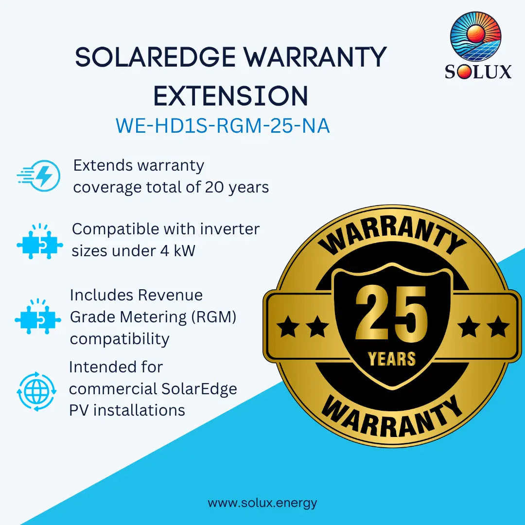 Promotional graphic for a Solaredge warranty extension, showing text about 20-year coverage, compatibility with inverters under 4 kW, Revenue Grade Metering compatibility, and a large gold 'Warranty 25 Years' badge. The Solux logo appears in the top right, and the website solux.