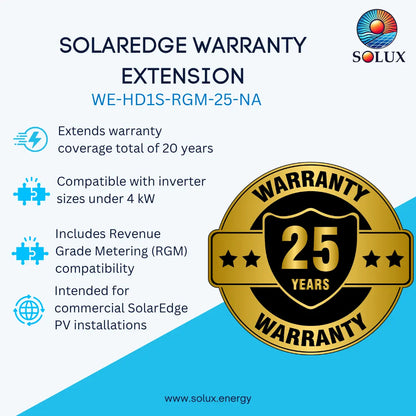Promotional graphic for a Solaredge warranty extension, showing text about 20-year coverage, compatibility with inverters under 4 kW, Revenue Grade Metering compatibility, and a large gold 'Warranty 25 Years' badge. The Solux logo appears in the top right, and the website solux.