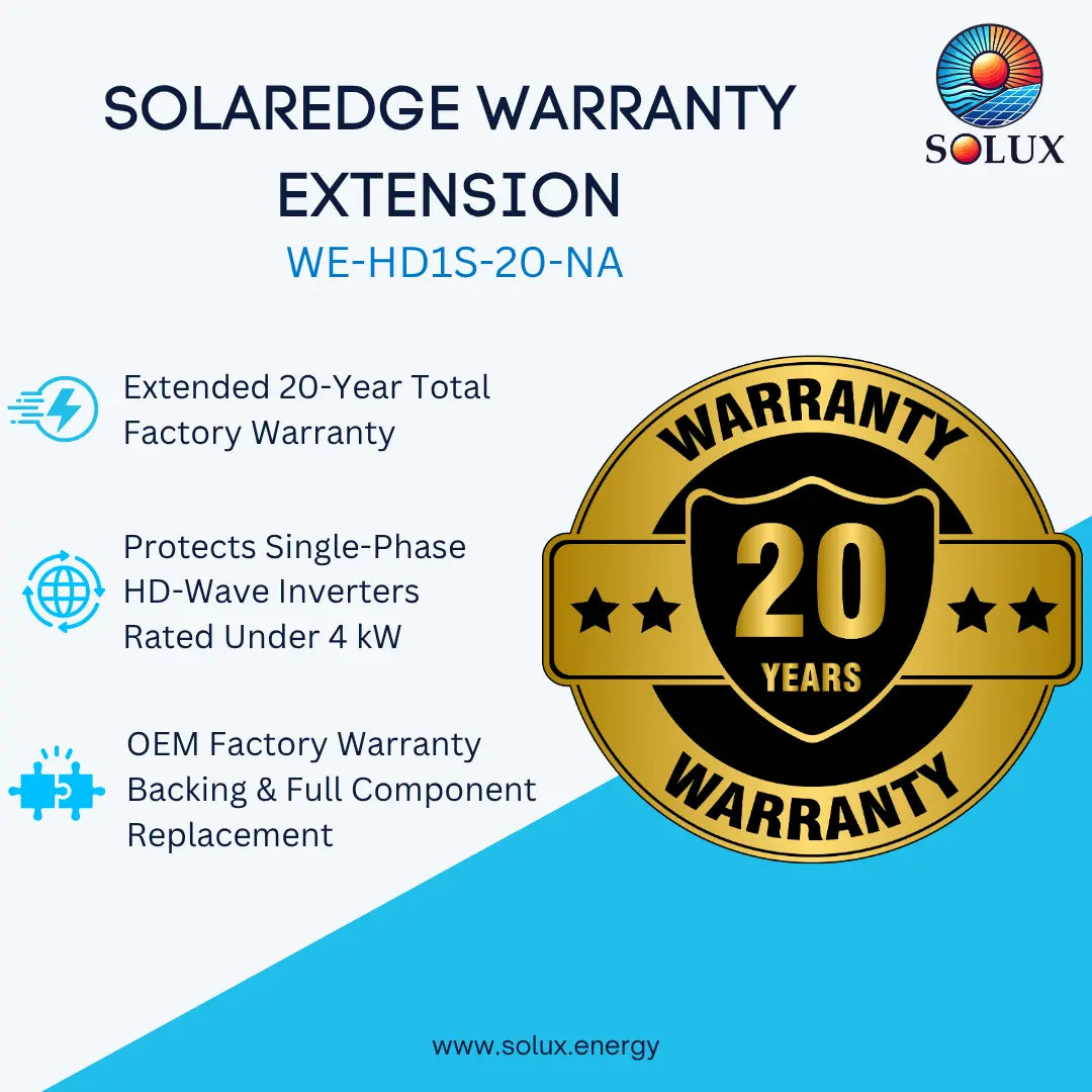 Promotional graphic for a Solux Solaredge warranty extension, featuring text about extended 20-year total factory warranty and a large gold seal with '20 Years' on a light blue and white background.