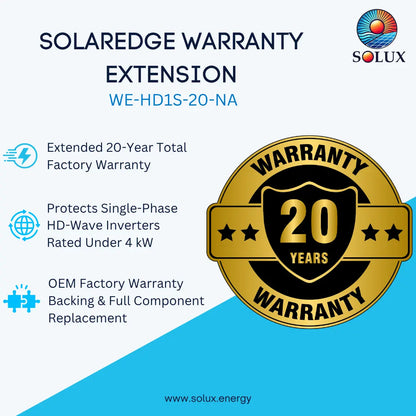 Promotional graphic for a Solux Solaredge warranty extension, featuring text about extended 20-year total factory warranty and a large gold seal with '20 Years' on a light blue and white background.