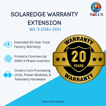 Promotional graphic for a Solaredge warranty extension, featuring a large gold and black 20-year warranty seal, product text, and Solux branding on a white and blue background.