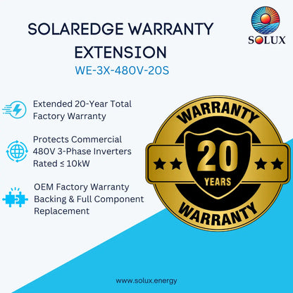 Promotional graphic for a Solaredge warranty extension, featuring a large gold and black 'Warranty 20 Years' seal, product text for WE-3X-480V-20S, and Solux branding on a white and blue background.
