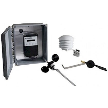 An outdoor weather station kit showing a gray metal enclosure with an open door, a black digital temperature and humidity sensor, a white rain cap, a black anemometer, and a wind vane on a white background.