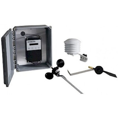 An outdoor weather station kit showing a gray metal enclosure with an open door, a black digital temperature and humidity sensor, a white rain cap, a black anemometer, and a wind vane on a white background.