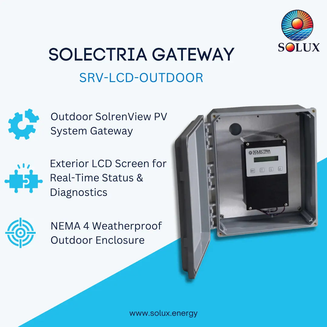 Solux Solectria Gateway SRV-LCD-Outdoor solar PV system enclosure shown open with a black control module inside, on a blue-and-white promotional background with feature callouts.