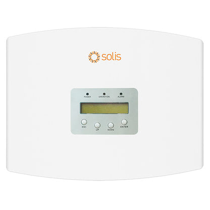 A white Solis solar panel controller with a central gray control panel, featuring an LCD display and four buttons labeled Enter, Down, Up, and Power.