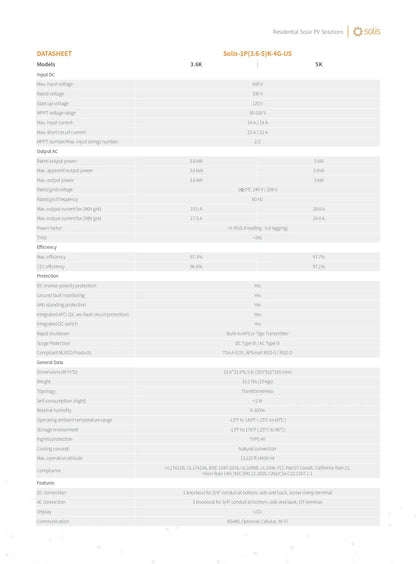A datasheet table page for the Solis SP13 6-SIP 40-US residential solar PV solution, showing technical specifications, ratings, and features in a clean, light gray layout.