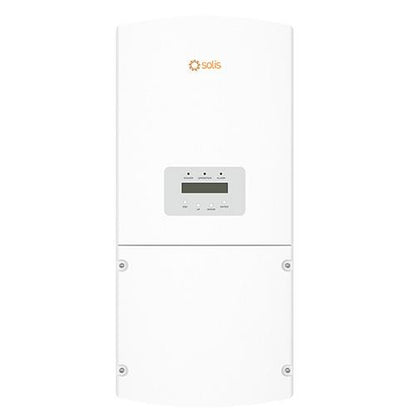 A white Solis solar inverter unit with a small digital display screen and control buttons on the front, set against a plain white background.